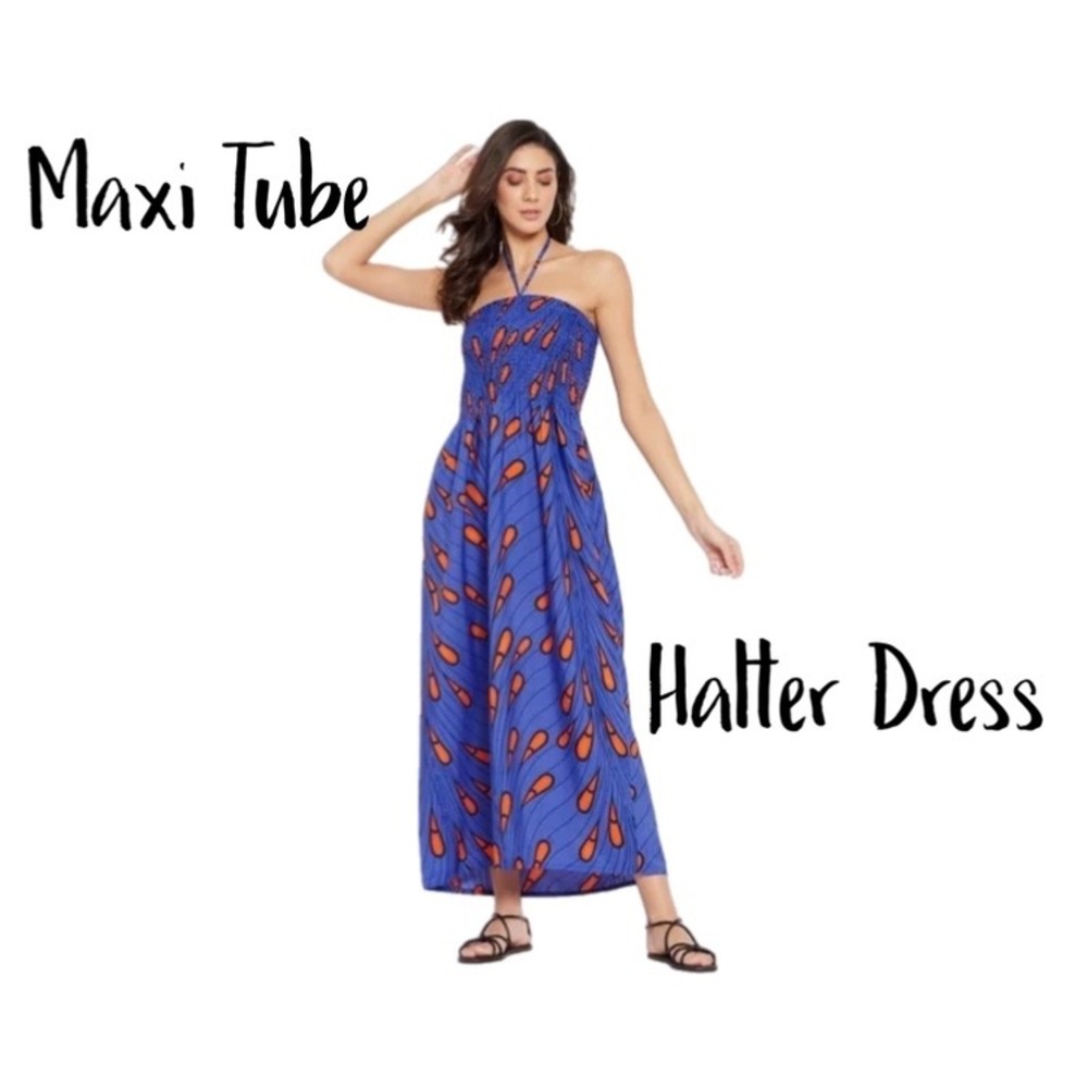 Blue Tube Dress w/ Vibrant Feature Print Smocked & Halter‎ Neck.